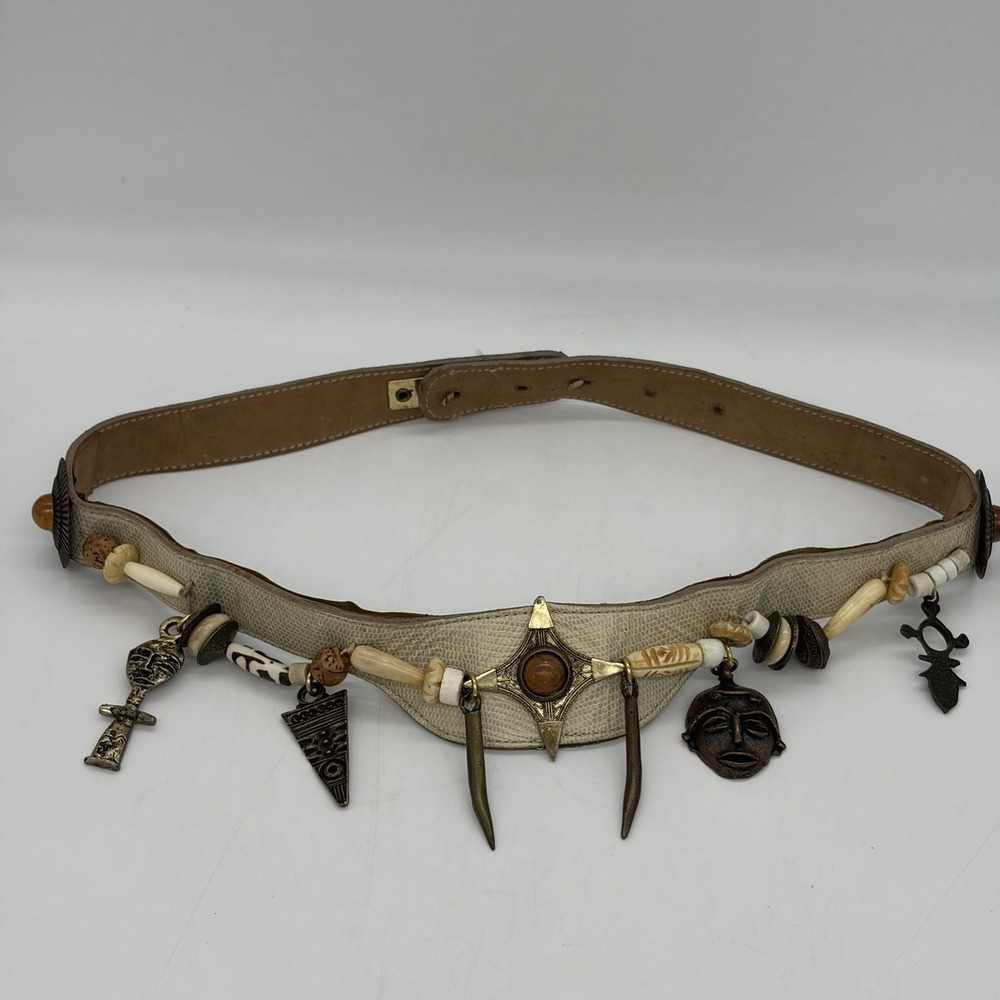 Vintage 1992 NINA ARJANI Womens Belt Leatherock Tribal Stones Beads Leather USA